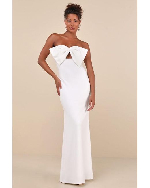 Lulus Natural Coveted Glamour Strapless Bow Mermaid Maxi Dress