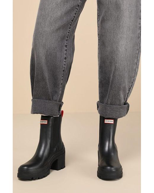 Hunter Black Miana Platform Waterproof Leather Ankle Boots