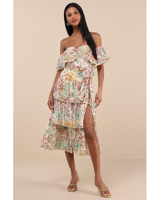 Lulus Natural Lucella Floral Tiered Off-The-Shoulder Midi Dress