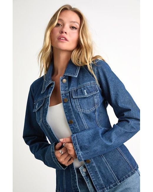 Lulus Blue Danella Dark Wash Fitted Denim Jacket