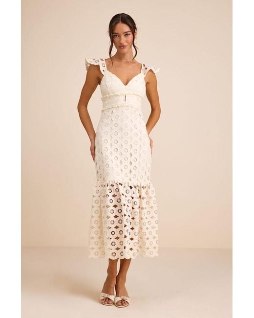 Lulus Natural Adalyn Cream Crochet Lace Trumpet Midi Dress