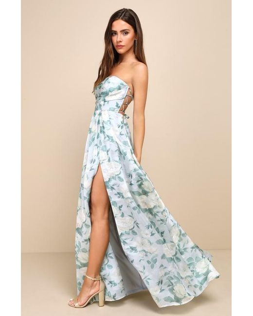 Lulus Exceptional Sight Light Floral Lace Up Strapless Maxi Dress in Blue Lyst UK