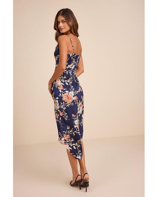 Lulus Blue My Favorite Day Floral Print Tulip Skirt Midi Dress