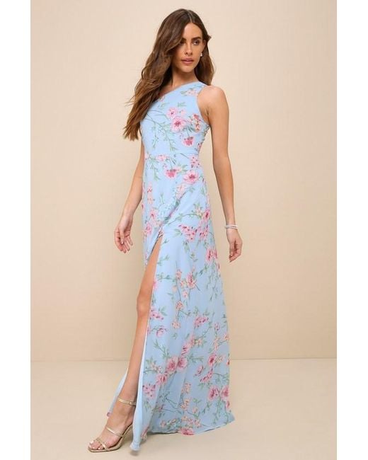 Lulus Blue Elegant Admiration Floral One-Shoulder Maxi Dress