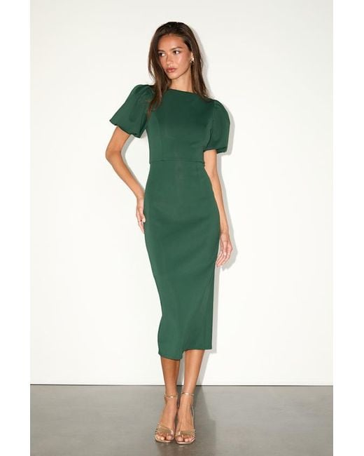 Lulus Green Simply Beloved Hunter Puff Sleeve Bodycon Midi Dress