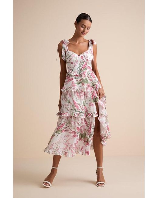 Lulus Pink Naenia Floral Tiered Tie-Strap Midi Dress