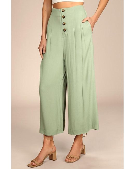 Lulus Green Stroll On Over Button-Front Wide-Leg Pants