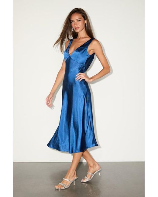 Lulus Blue Incredible Love Satin Cowl Back Midi Slip Dress