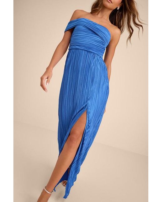 Lulus Blue Poised Performance Plisse One-Shoulder Maxi Dress