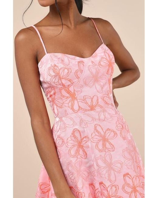 Lulus Pink Meet For Tea Jacquard Bustier Midi Dress With Pockets