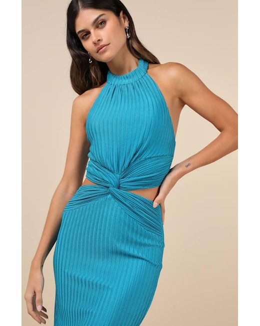 Lulus Blue Poised Attitude Halter Cutout Twist-Front Midi Dress