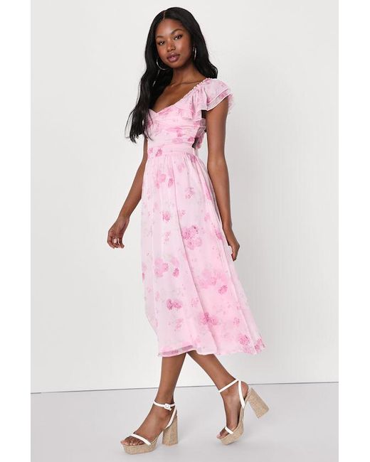 Lulus Pink Loveliest Darling Floral Ruffled Tie-Back Midi Dress