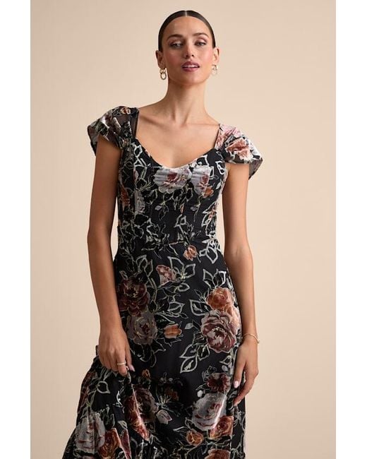 Lulus Black Composed Beauty Burnout Velvet Floral Midi Dress