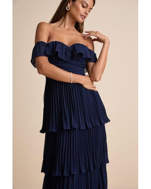 Lulus Blue Always Remarkable Pleated Off-The-Shoulder Maxi Dress