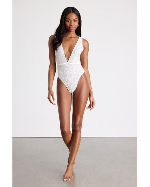 Lulus White Lumini Lace Rhinestone Sleeveless Plunge Bodysuit