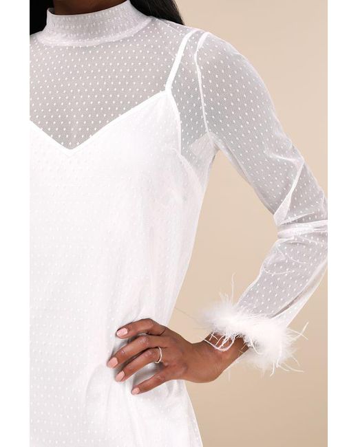 Lulus Natural Immaculate Charisma Mesh Feather Long Sleeve Mini Dress