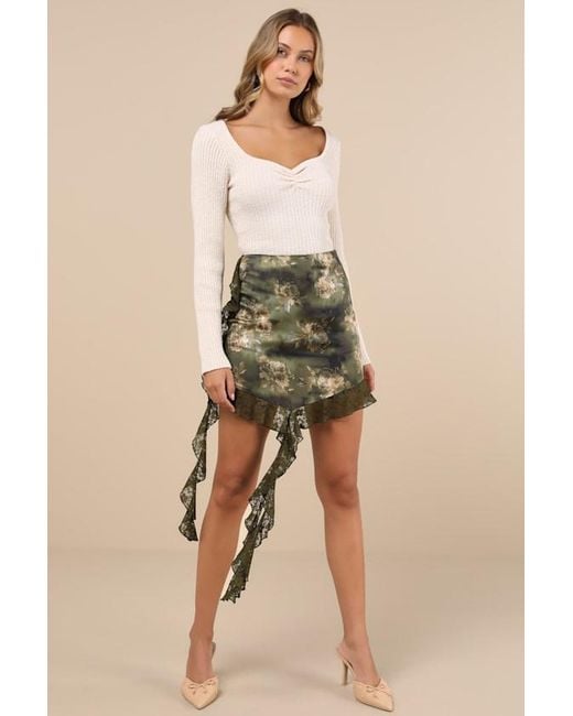 Lulus Natural Notable Charisma Floral Satin Lace Tendril Mini Skirt