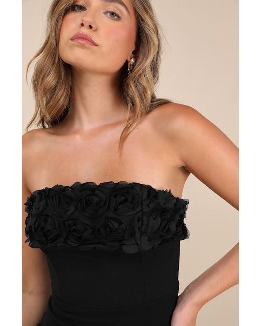 Lulus Black Fiore 3D Rosette Strapless Maxi Dress