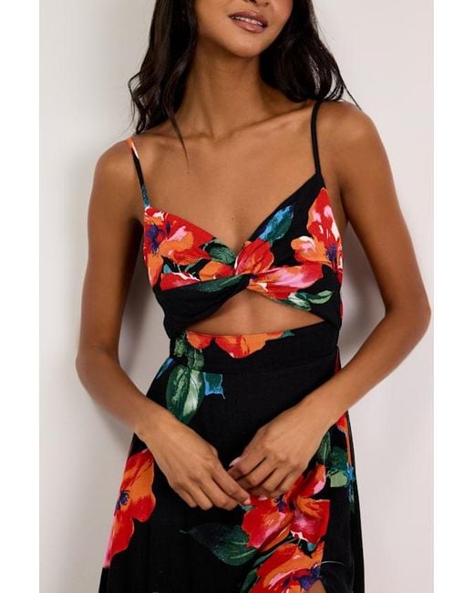 Lulus Red Tropical Blooms Floral Print Tie-Back Cutout Dress