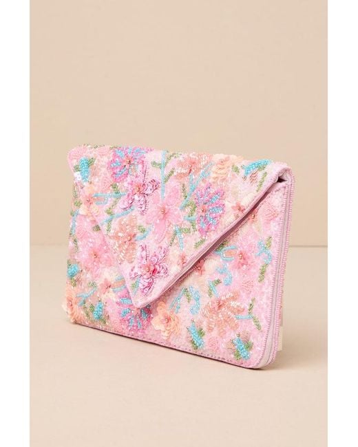 Lulus Pink Beautiful Aspirations Floral Sequin Beaded Clutch