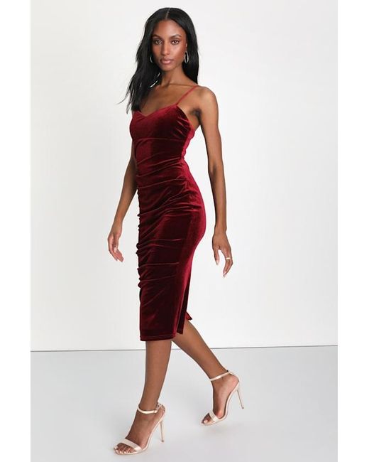 Lulus Red Plush Personality Velvet Ruched Bodycon Midi Dress