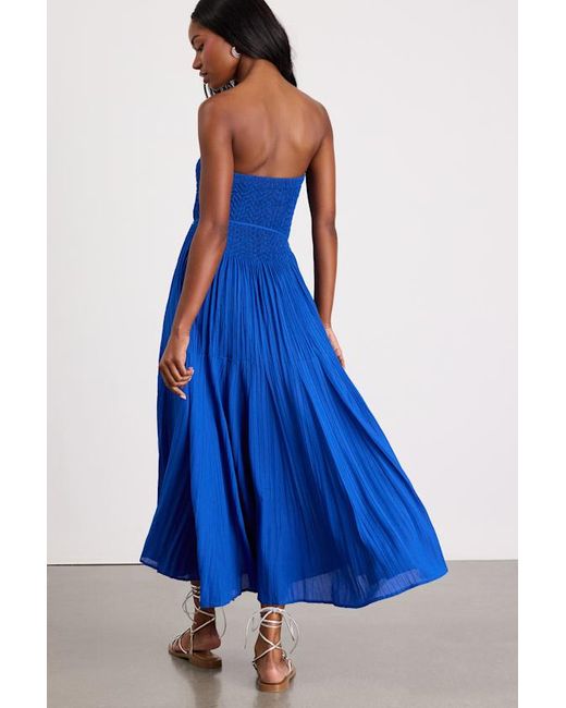 Lulus Blue Altana Pleated Strapless Midi Dress