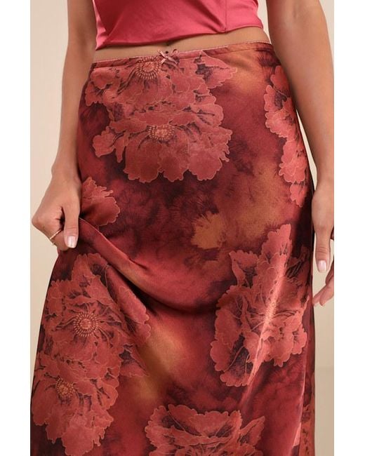 Lulus Red Sleek Proposition Rust Floral Satin Bow Midi Skirt