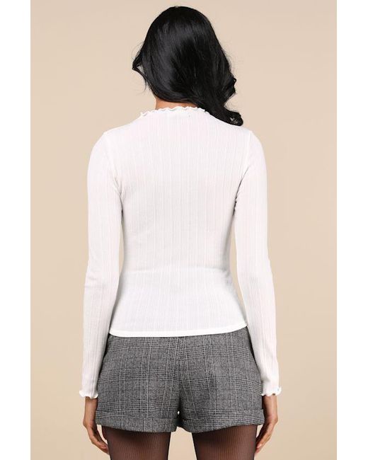 Lulus Gray Charmed Vibes Ribbed Lettuce Edge Long Sleeve Top