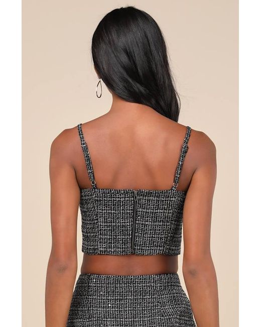 Lulus Blue Charismatically Cute Tweed Rhinestone Sleeveless Crop Top