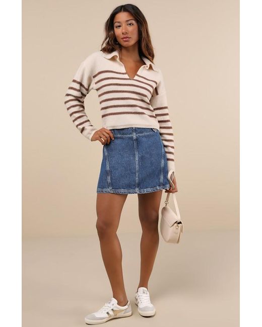 Lulus Blue Timeless Energy Cream Striped Collared Pullover Sweater