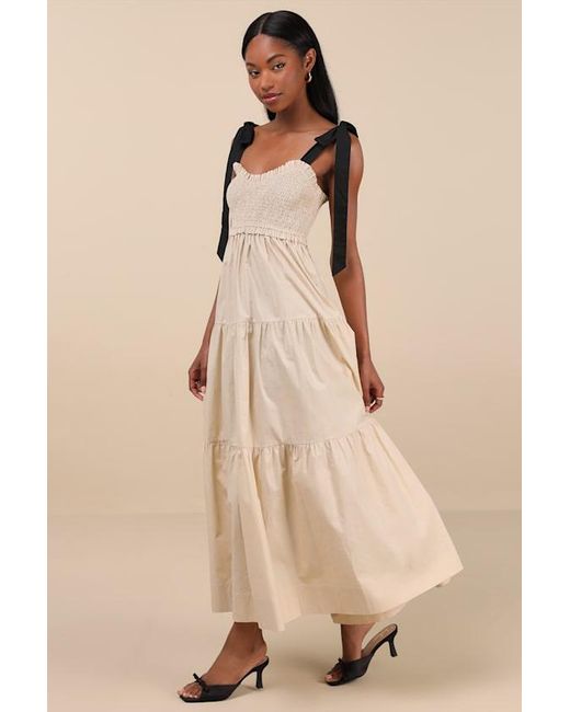 Lulus Natural Bembe Tie-Strap Tiered Maxi Dress