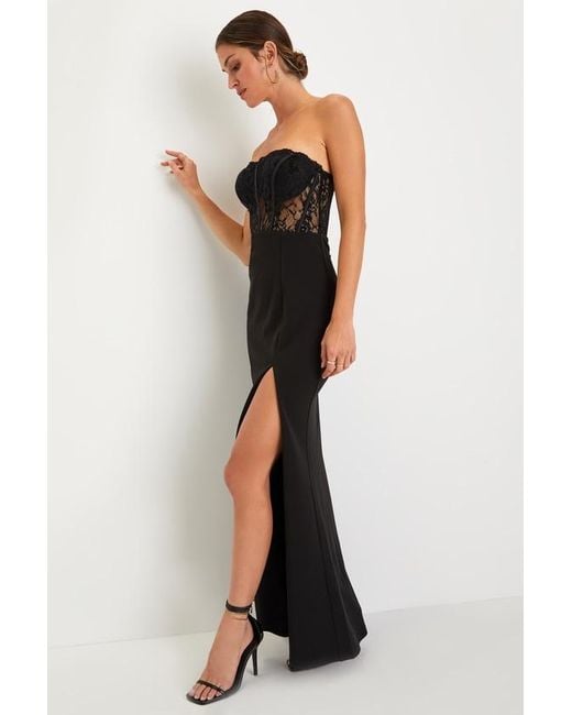 Lulus Black Sultry Persona Lace Strapless Bustier Mermaid Maxi Dress