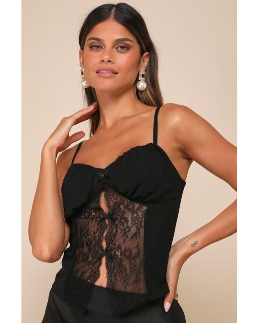 Lulus Black Sultry Pick Mesh Sheer Lace Bow Cami Top