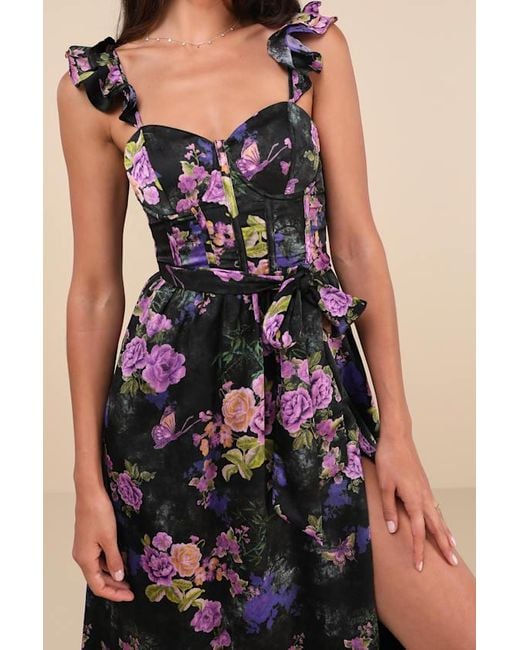 Lulus Natural Sweet Like Sangria Floral Ruffled Bustier Midi Dress