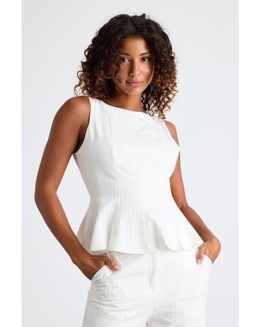 Lulus Natural Matija Pinstriped Boat Neck Peplum Sleeveless Top