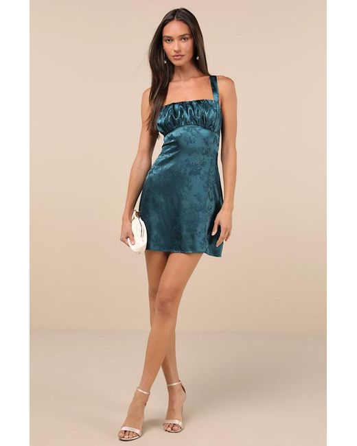 Lulus Blue Exquisite Outlook Floral Jacquard Satin Lace-Up Mini Dress