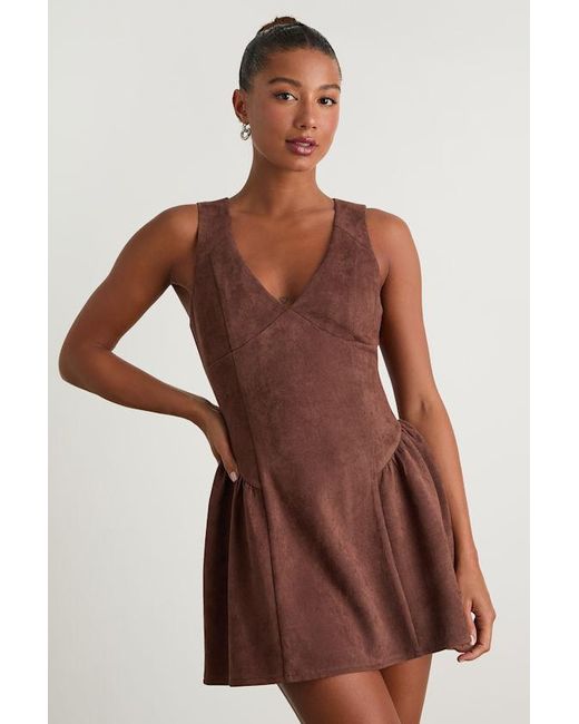 Lulus Presley Suede Skater Mini Dress in Brown | Lyst