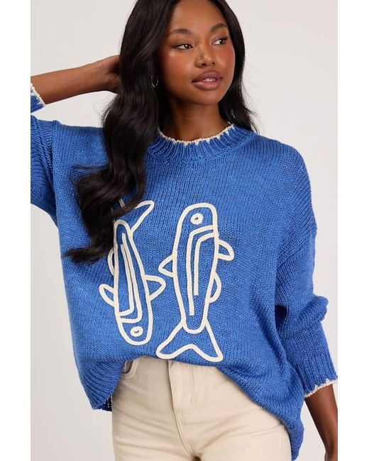 Lulus Blue Montauk Embroidered Pullover Sweater