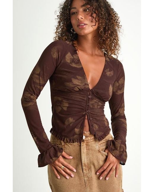 Lulus Brown Glynn Floral Mesh Long Sleeve Top