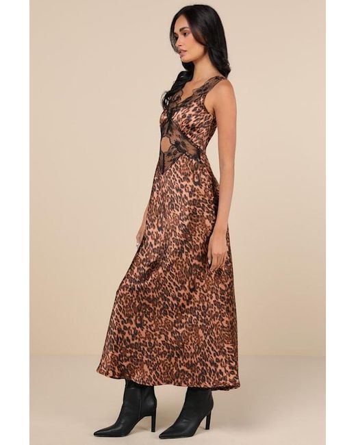 4th & Reckless Brown Kelsey Leopard Print Satin Lace Cutout Midi Dress