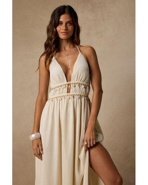 Lulus Brown Alda Cream Crochet Knit Seashell Maxi Dress