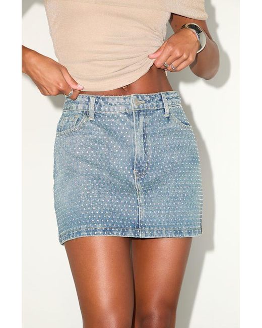 Lulus Blue Fayla Medium Wash Denim Rhinestone Mini Skirt