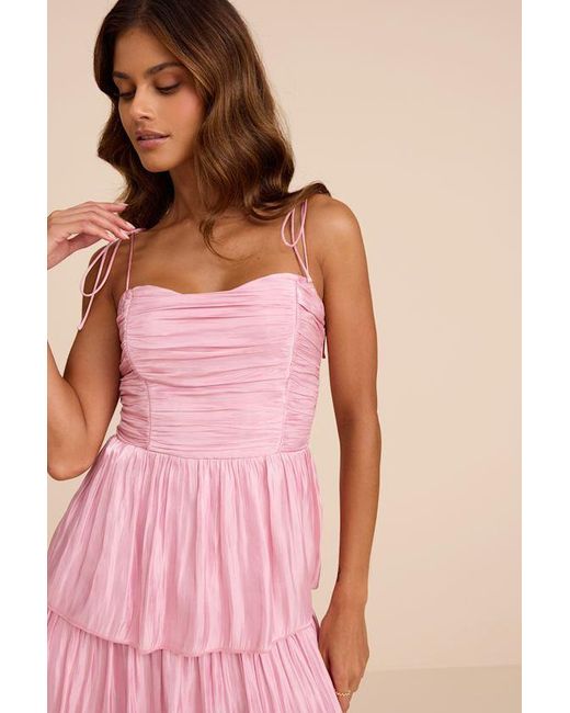 Lulus Pink Tennon Plisse Tiered Midi Dress