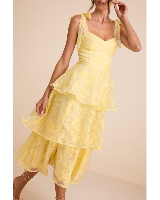 Lulus Yellow Glamorous Sweetie Burnout Tie-Strap Bustier Midi Dress