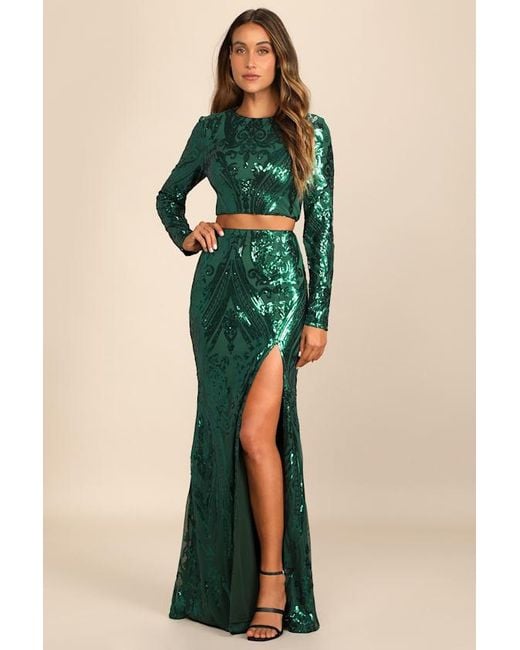 Lulus Blue Luxe Aesthetic Sequin Long Sleeve Two-Piece Maxi Dress