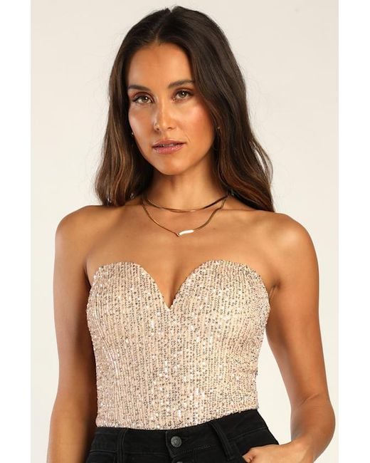 Lulus Natural Sparkling Amour Sequin Strapless Notched Bodysuit