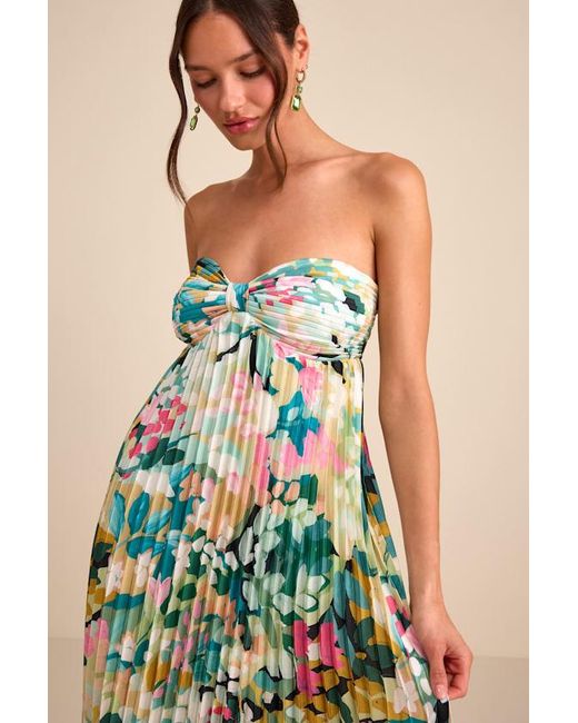 Lulus Blue Whimsical Beauty Multi Floral Satin Plisse Strapless Maxi Dress