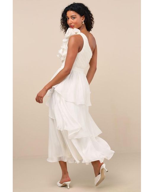 Lulus Lanelle Ruffled One-Shoulder Midi Dress in Natural | Lyst