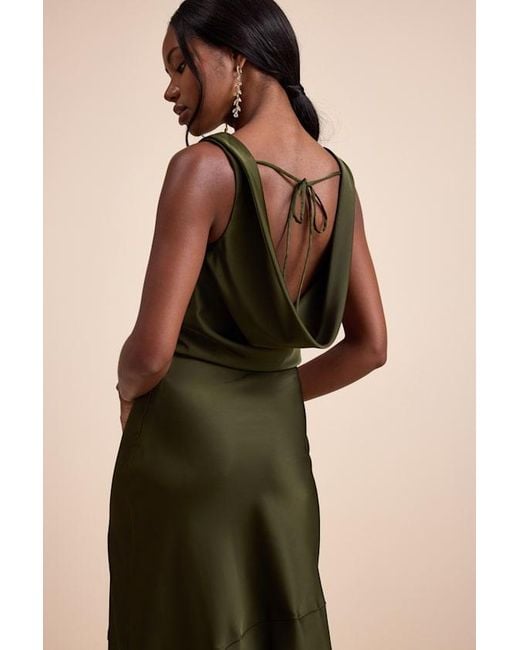 Lulus Natural Aernah Satin Cowl Tie-Back Slip Maxi Dress