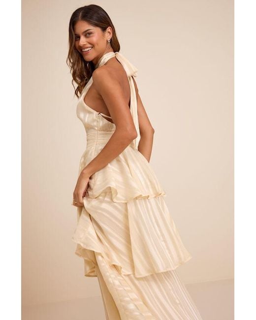 Lulus Natural Jennica Pale Striped Satin Tiered Midi Dress